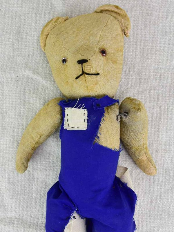 Antique French teddy bear with blue overalls Discount