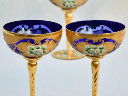 Collection of 3 cobalt blue hand-painted Italian prosecco glasses - early 20th-century 6¾  Online