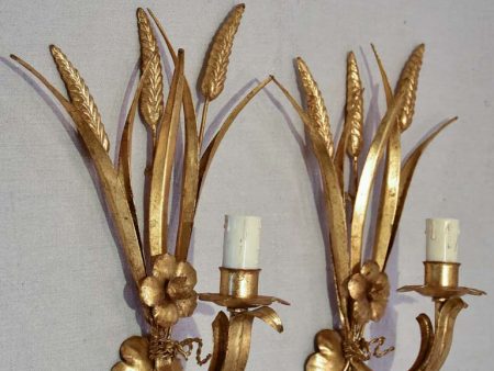 Pair of 1970 s   80 s wall appliques with gold wheat and flowers 13  Online now