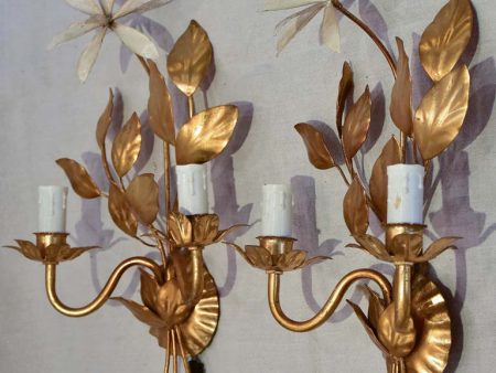 Pair of 1970 s   80 s wall appliques with gold foliage and beige leaves 15¾  Online now