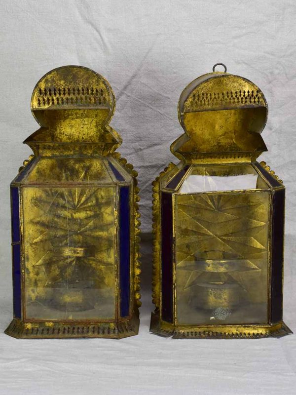 Two antique gold, red and blue wall lanterns 18½ Sale