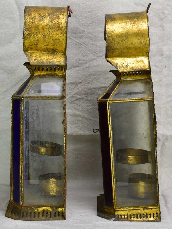 Two antique gold, red and blue wall lanterns 18½ Sale