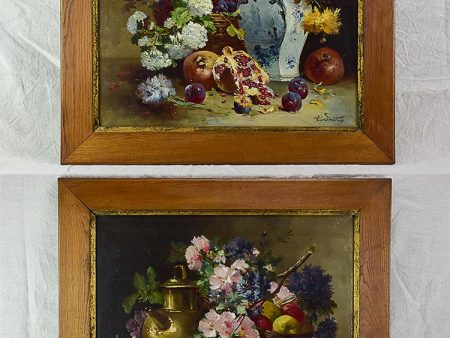 Pair of large antique French still life paintings - oil on canvas 32  x 28  For Cheap