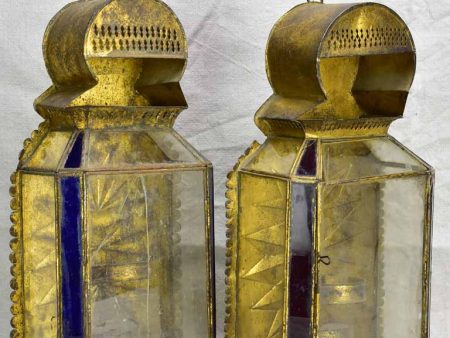 Two antique gold, red and blue wall lanterns 18½ Sale