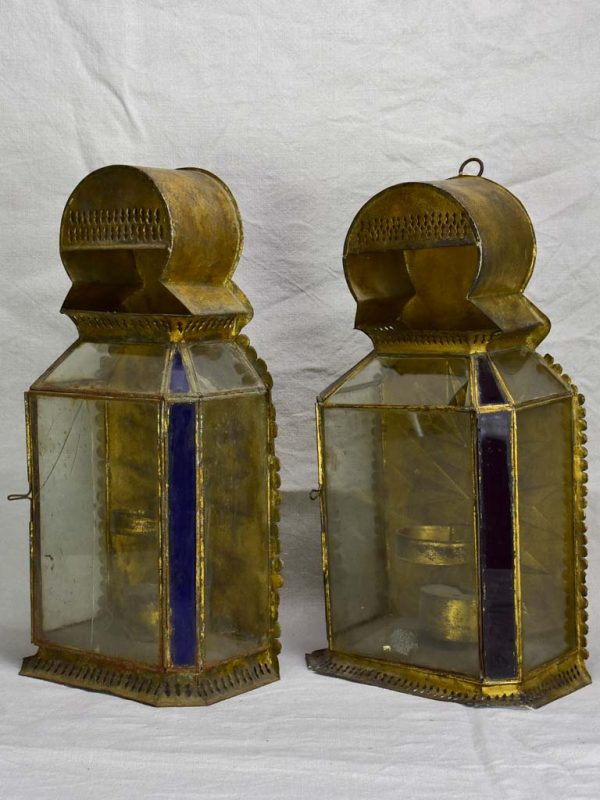 Two antique gold, red and blue wall lanterns 18½ Sale