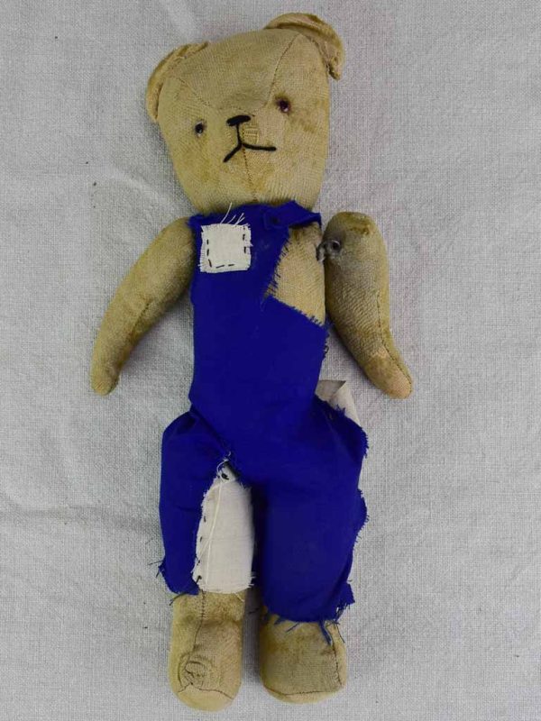 Antique French teddy bear with blue overalls Discount