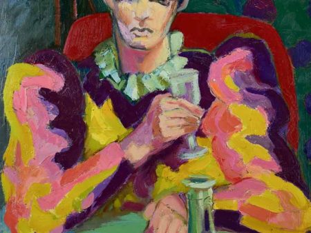 20th Century oil on canvas - Clown drinking at a table - Anna Costa 28¾  x 36¼  Hot on Sale