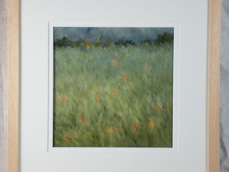 Contemporary landscape painting by Karibou - “Champ au fleurs orange” 15¾  x 15¾  Online