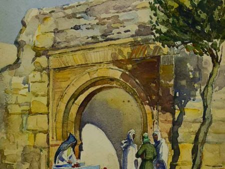 Early 20th Century watercolor - Street vendor and an arch stone wall 22  x 17  For Cheap