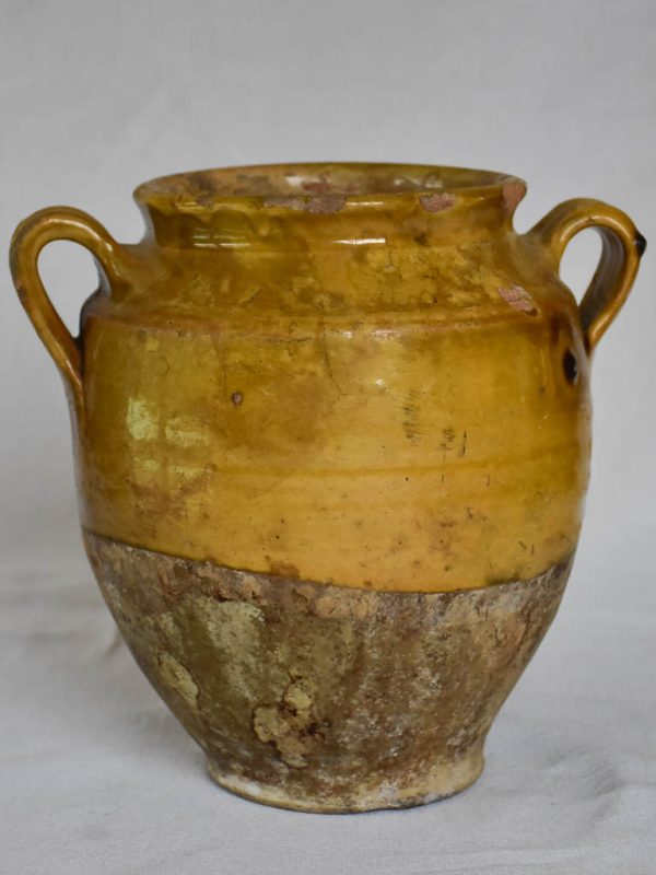 Antique French confit pot with yellow glaze and ribbed handles 9½  For Discount