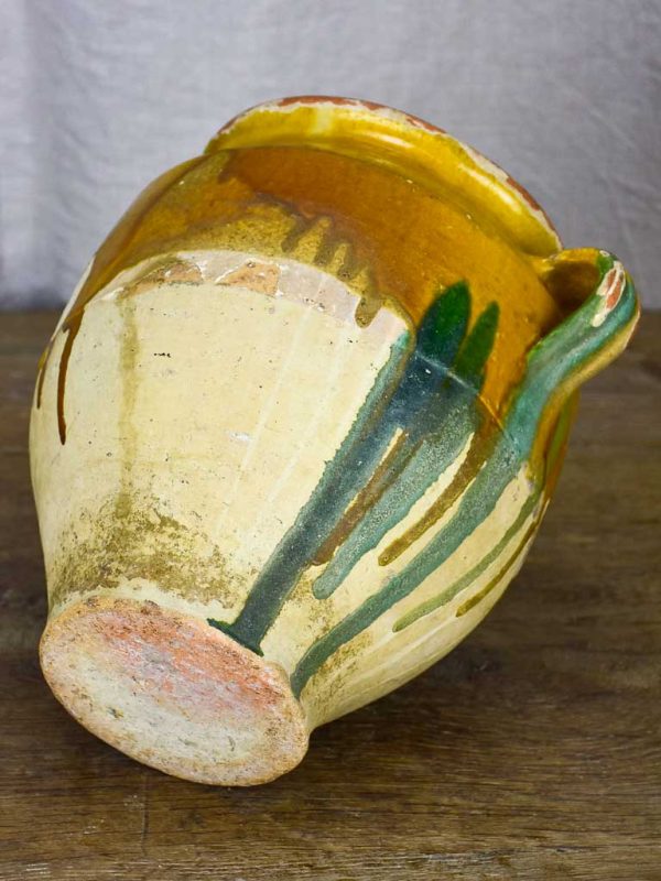 Antique French confit pot with yellow and green glaze 10¾  Online now