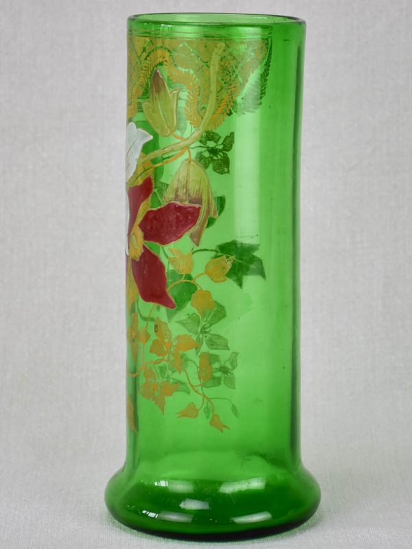 Early twentieth century hand painted green glass vase 10¼  on Sale