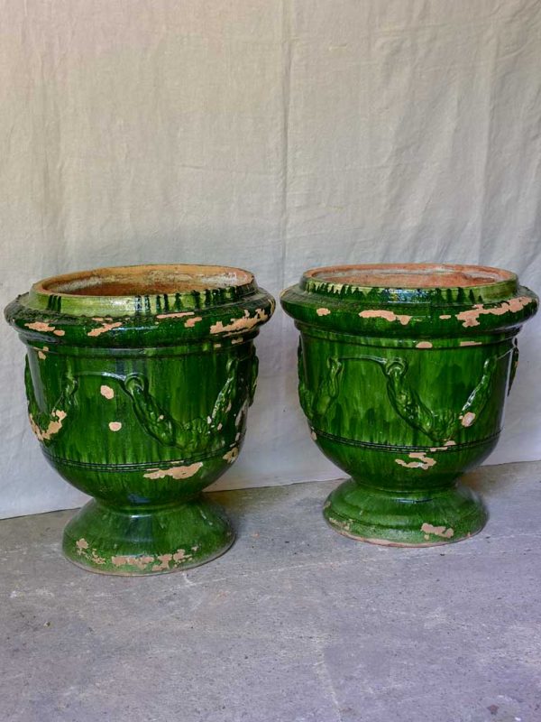 Pair of large French garden urns with Green glaze from St John De Fos 26  For Sale