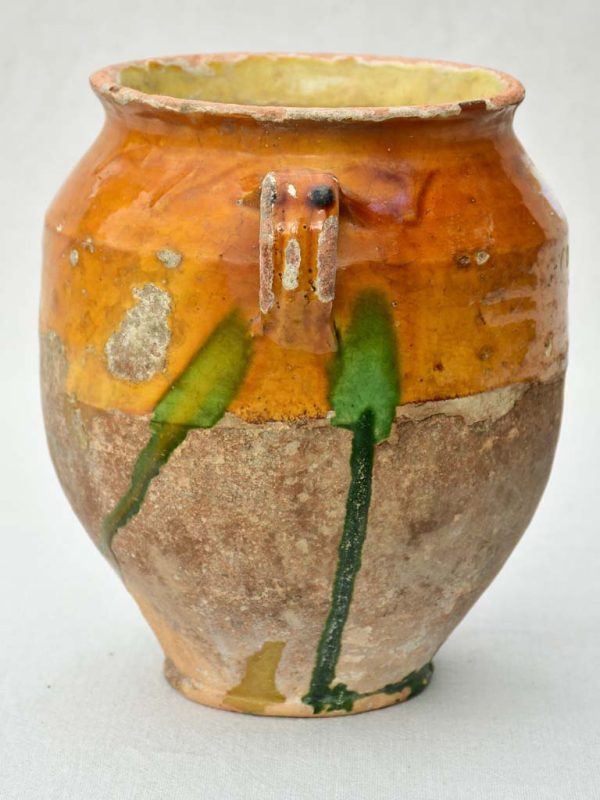 Antique French confit pot with orange glaze and green drips 9½  Online