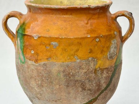 Antique French confit pot with orange glaze and green drips 9½  Online