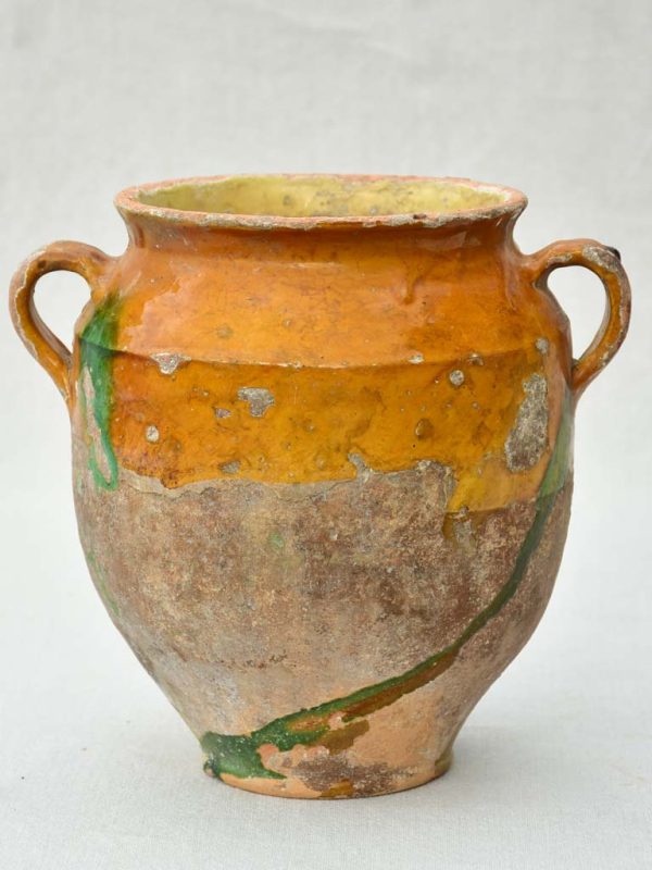 Antique French confit pot with orange glaze and green drips 9½  Online