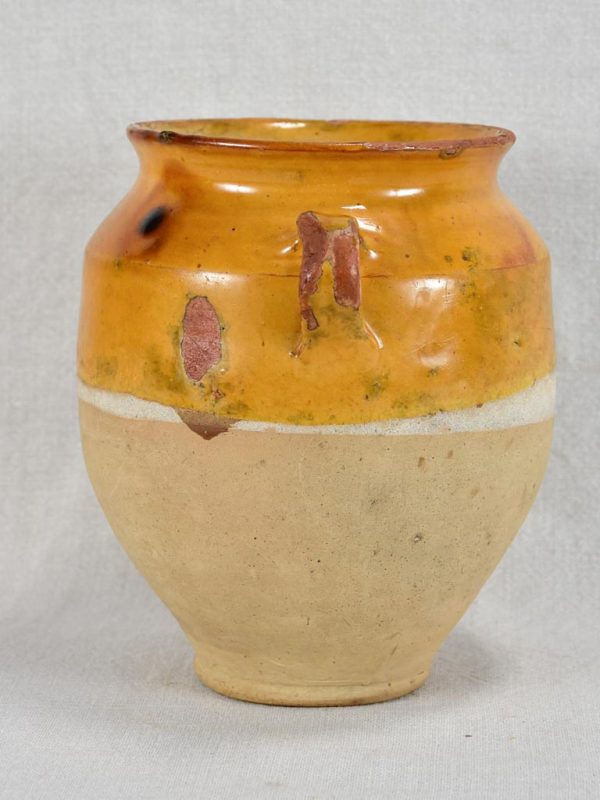 Small antique French confit pot with yellow   orange glaze and two handles 8¼  on Sale