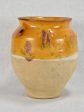 Small antique French confit pot with yellow   orange glaze and two handles 8¼  on Sale