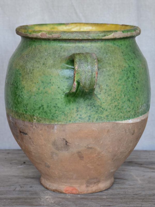 Antique French confit pot with green glaze 11  on Sale