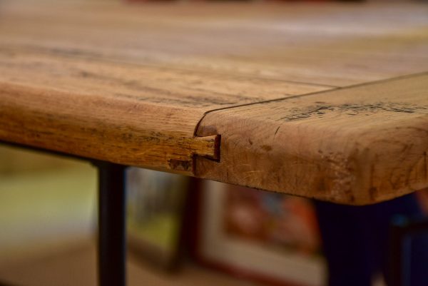 Antique French oak dining table with iron base For Sale