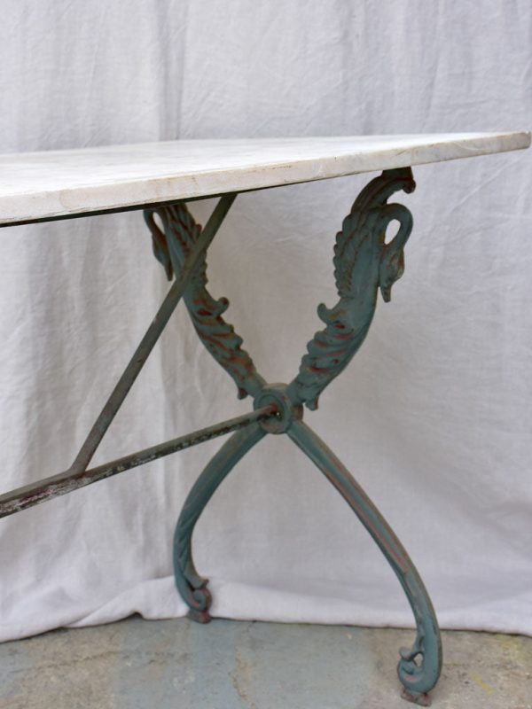 Rectangular antique French garden table with cast iron swan base and marble top 43¼  x 24½  For Sale