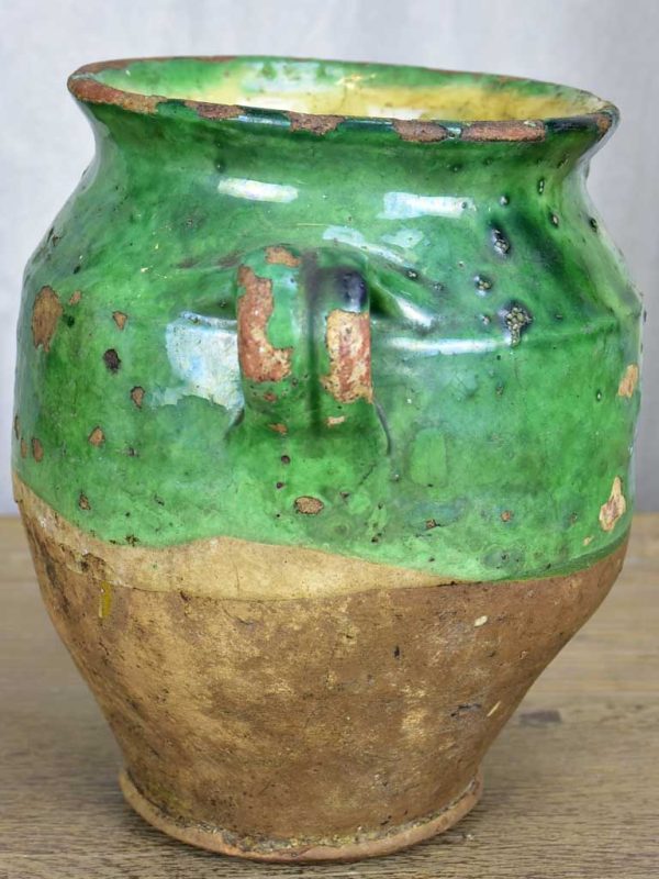 Antique French confit pot with green glaze 10¾  Supply