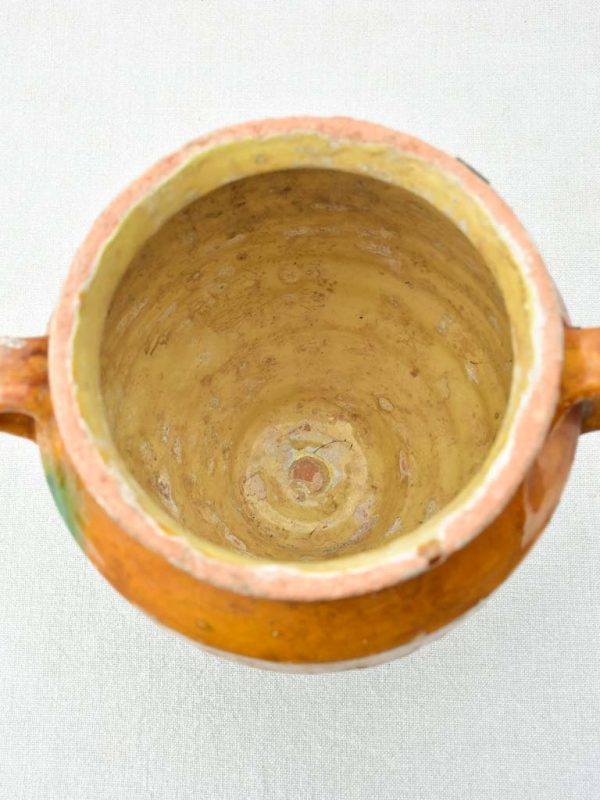 Antique French confit pot with orange glaze and green drips 9½  Online