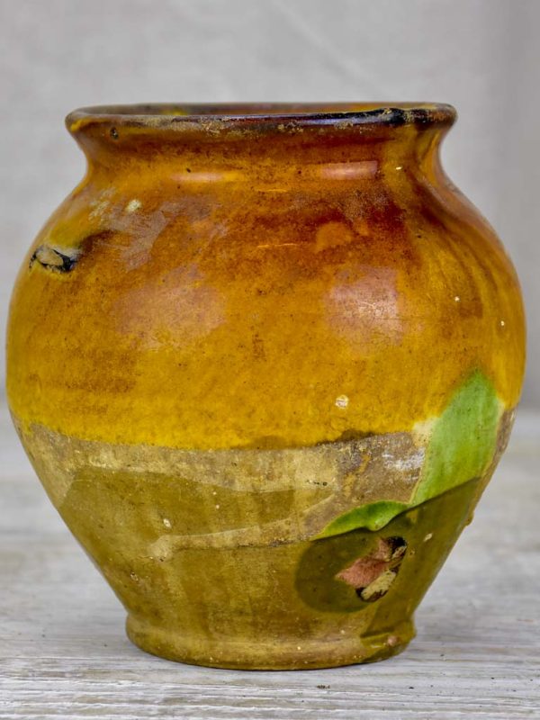 Small antique French confit pot with yellow and green glaze 6¼  Online Sale