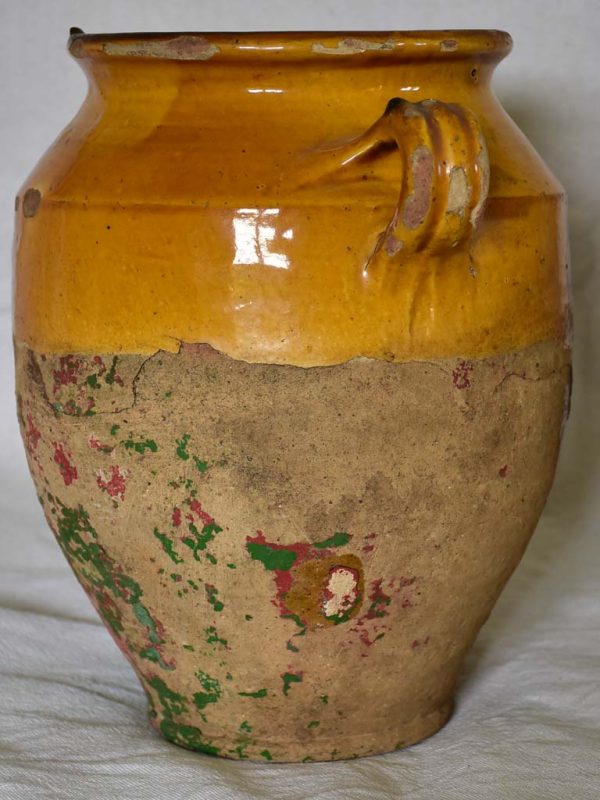 Antique French confit pot with orange glaze and traces of red and green 10¼  Online