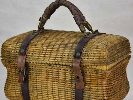 Antique French basket with pretty stitching detail For Cheap