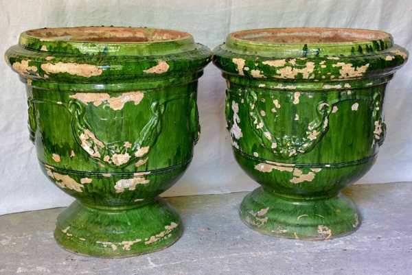 Pair of large French garden urns with Green glaze from St John De Fos 26  For Sale