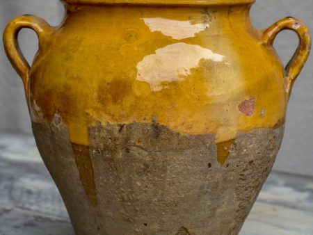 Large antique French confit pot with yellow glaze 11 ½  Online Sale