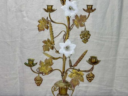 19th Century French church candelabra with flowers, foliage and wheat - bronze, brass and opaline glass 29¼  Online