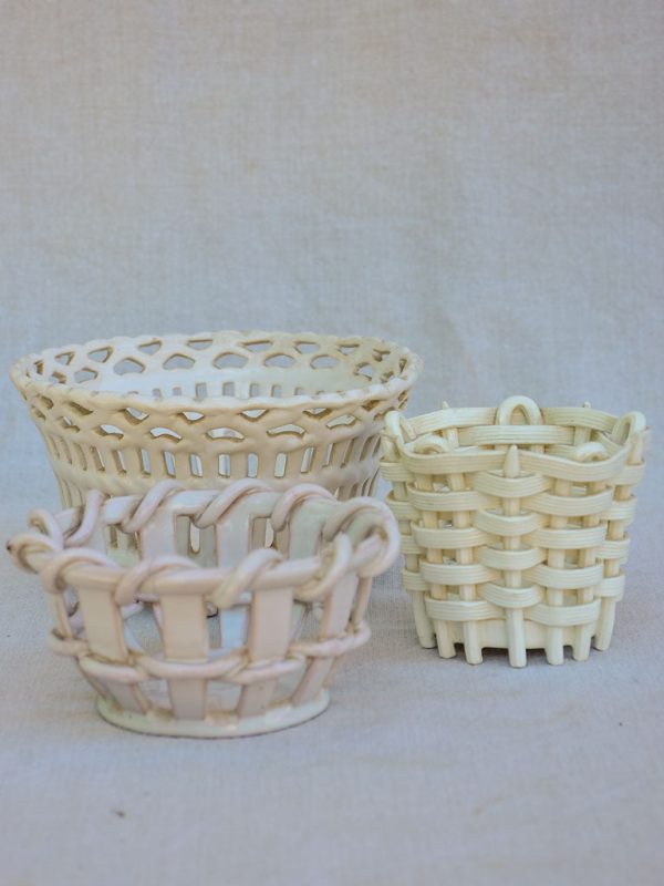 Collection of three antique French faience basket bowls on Sale