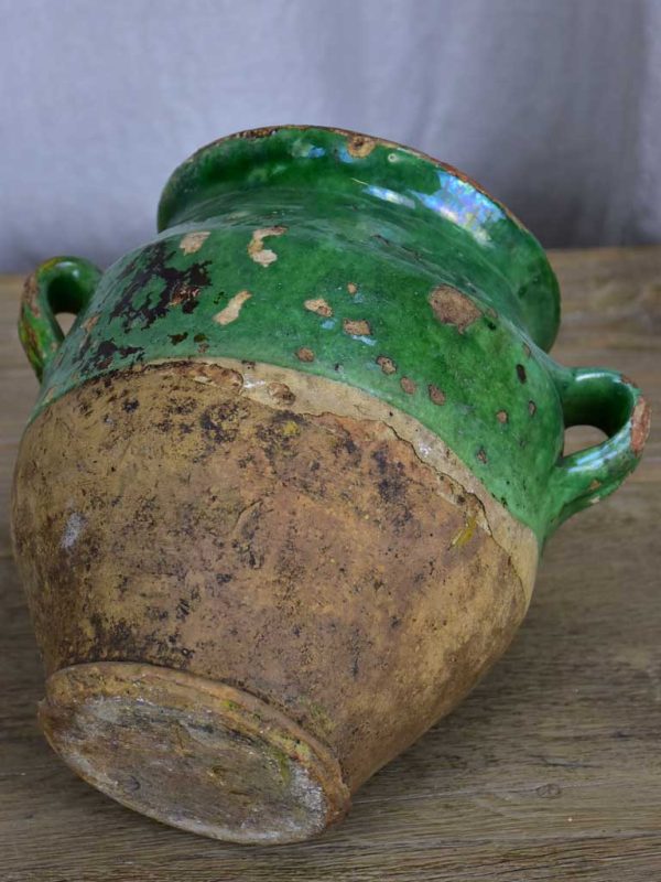 Antique French confit pot with green glaze 10¾  Supply