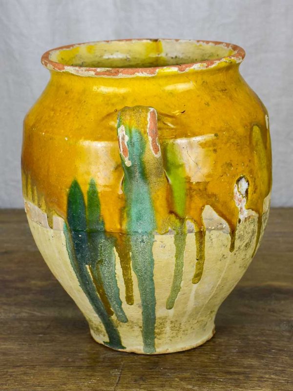 Antique French confit pot with yellow and green glaze 10¾  Online now