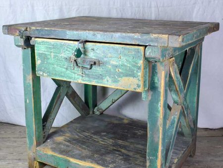 Superb early 20th Century work table with original green patina, cross bracing and drawer 31½ x  39¾   Fashion