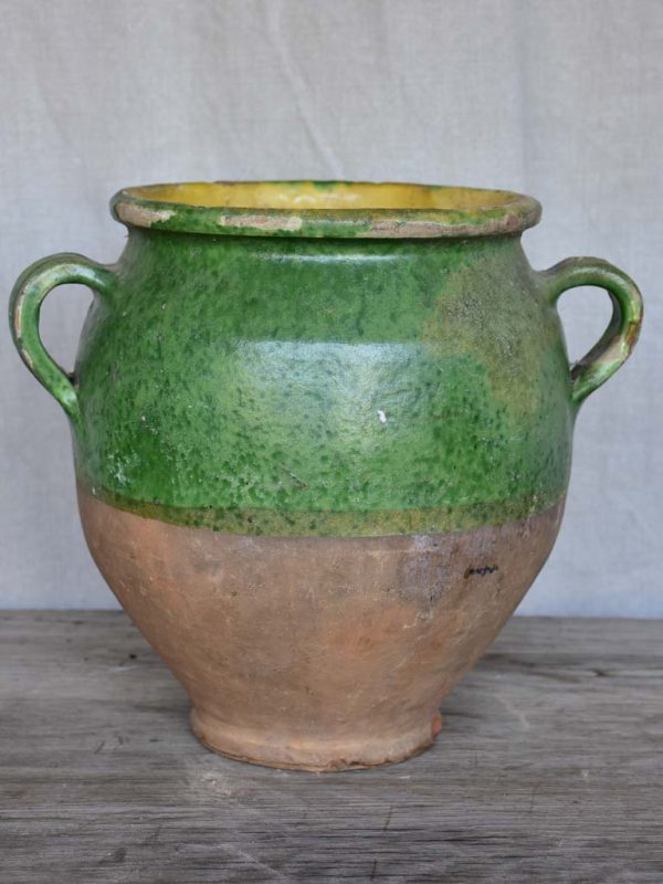 Antique French confit pot with green glaze 11  on Sale