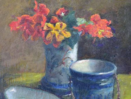 Antique French still life - nasturtiums and pottery 19  x 22  Online Hot Sale