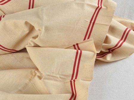 Large antique French linen fabric with double red stripe - never used 23¼  x 76½  Online Hot Sale