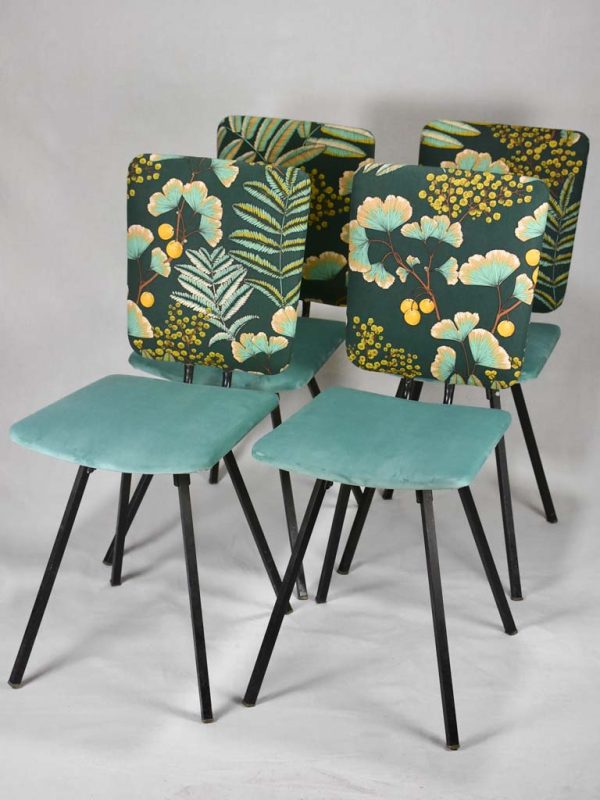 Four 1950 s  chairs with turquoise velvet and floral upholstery Sale