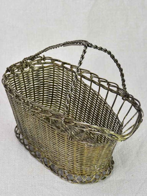 Antique French bottle carrier - woven metal For Sale