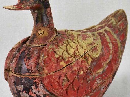 Antique French carved wooden sculpture of a duck with red patina - 1930 s For Sale