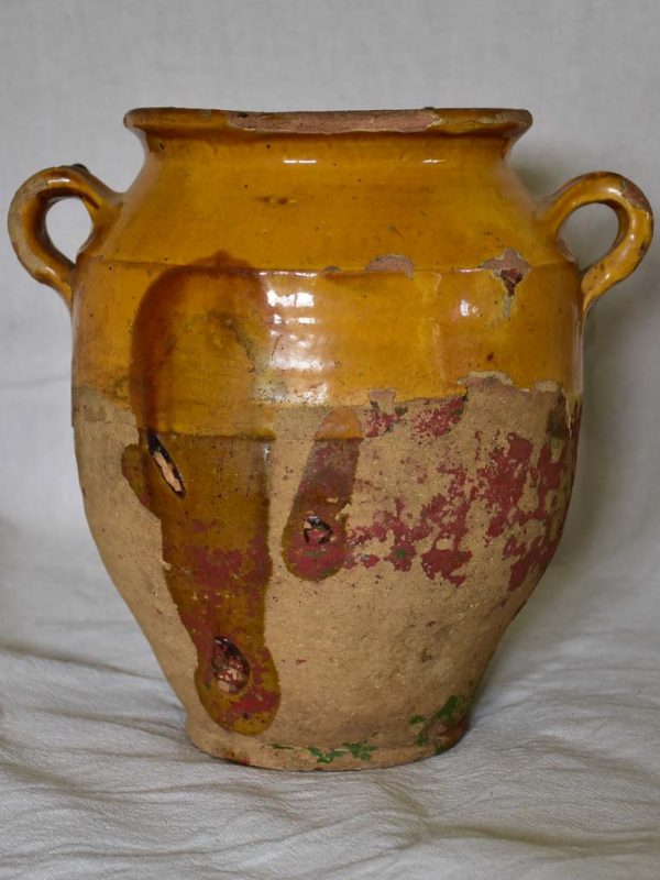 Antique French confit pot with orange glaze and traces of red and green 10¼  Online