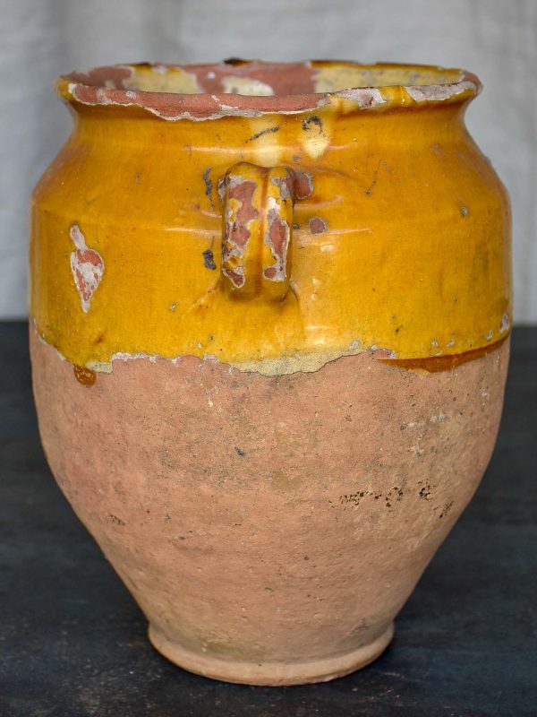 19th Century French confit pot with half yellow glaze 9 ¼   Discount