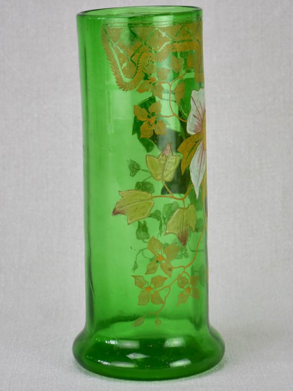 Early twentieth century hand painted green glass vase 10¼  on Sale