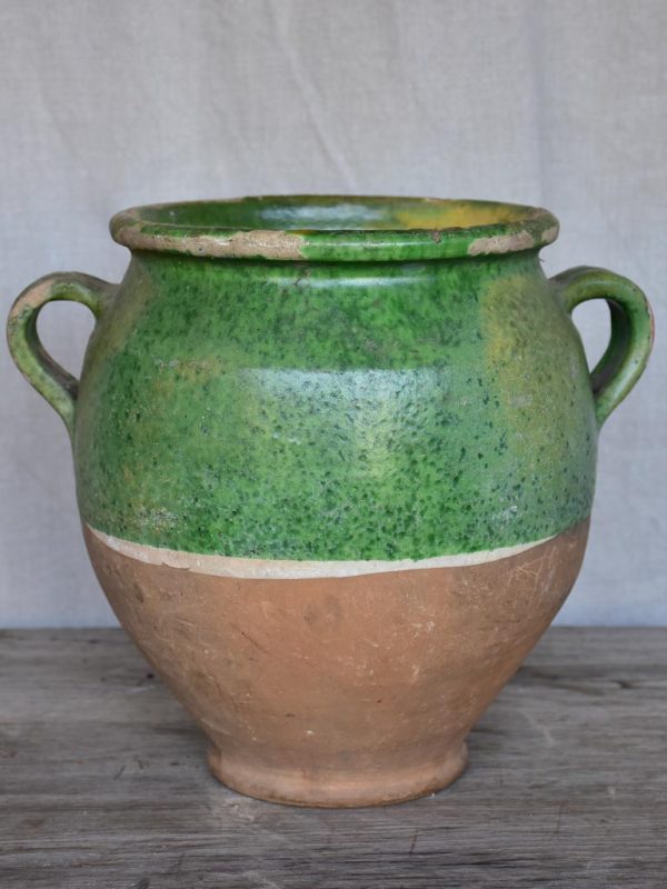 Antique French confit pot with green glaze 11  on Sale