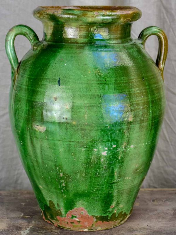 Antique French terracotta olive jar with green glaze Online