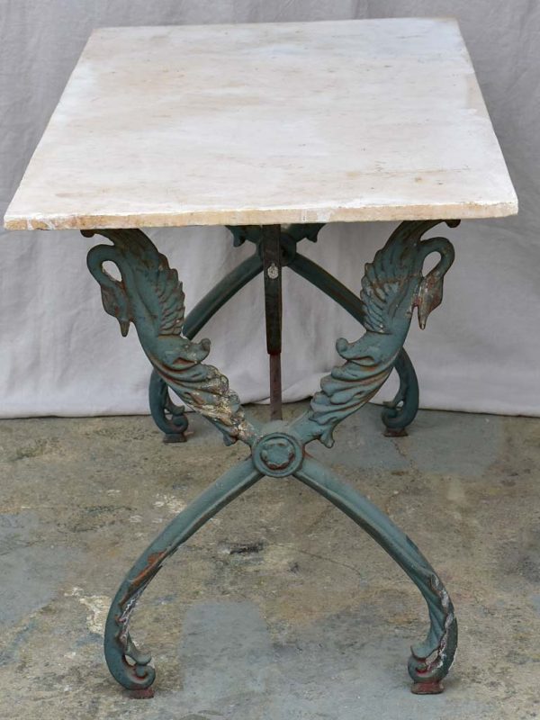 Rectangular antique French garden table with cast iron swan base and marble top 43¼  x 24½  For Sale