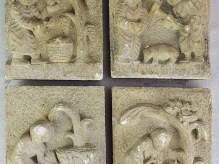 Four antique French carved stone sculptures decorated with country scenes 9½  x 8  Online Hot Sale